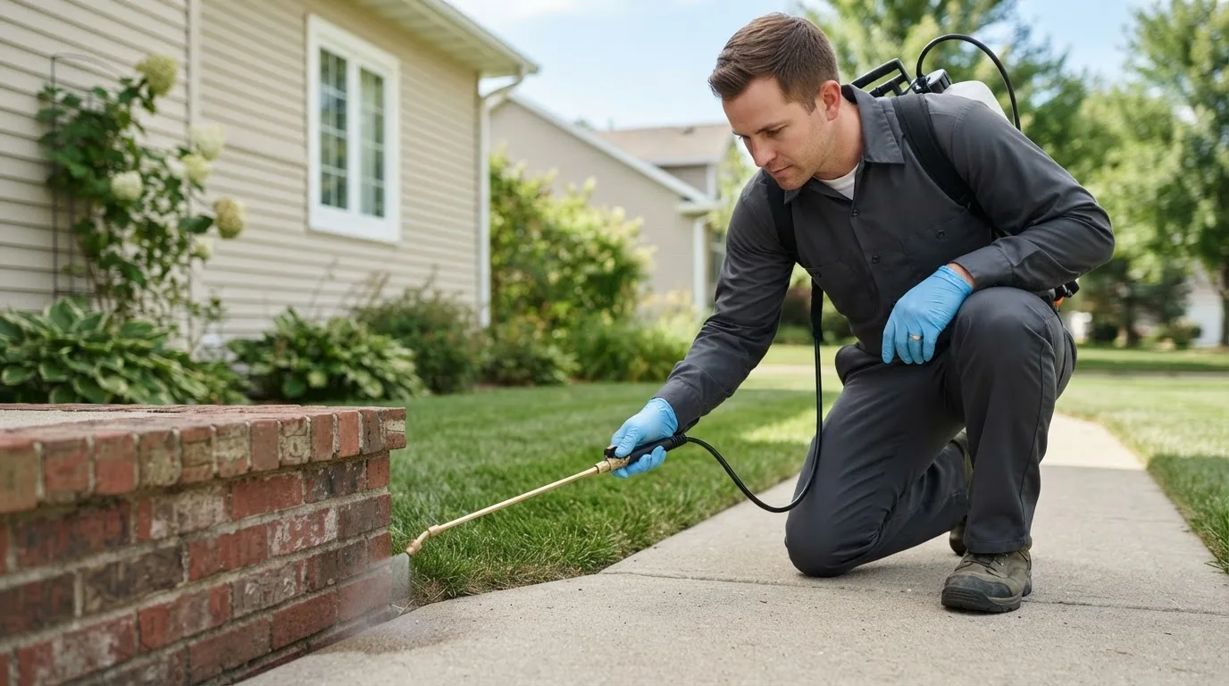 Pest control technician treating a home near La Salle, MI